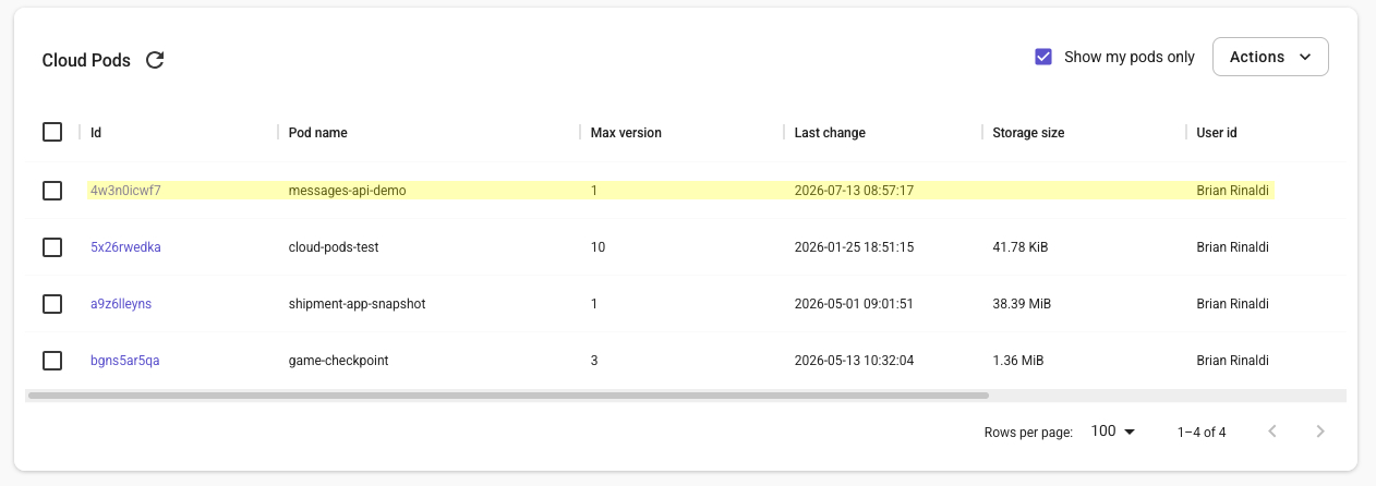 Cloud Pods Browser listing saved Cloud Pods